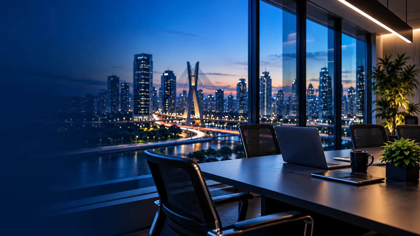 Escritório executivo com skyline de São Paulo e Ponte Estaiada