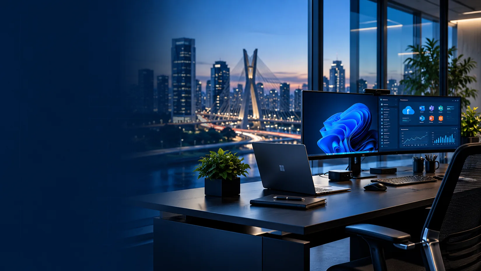 Ambiente de trabalho corporativo com vista da Ponte Estaiada
