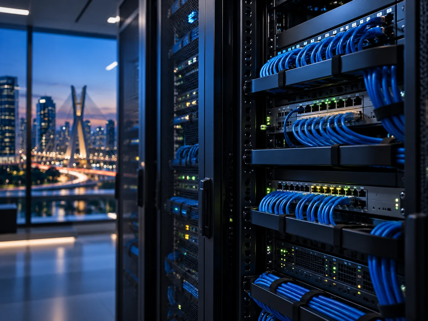 Rack corporativo com switches e cabeamento estruturado